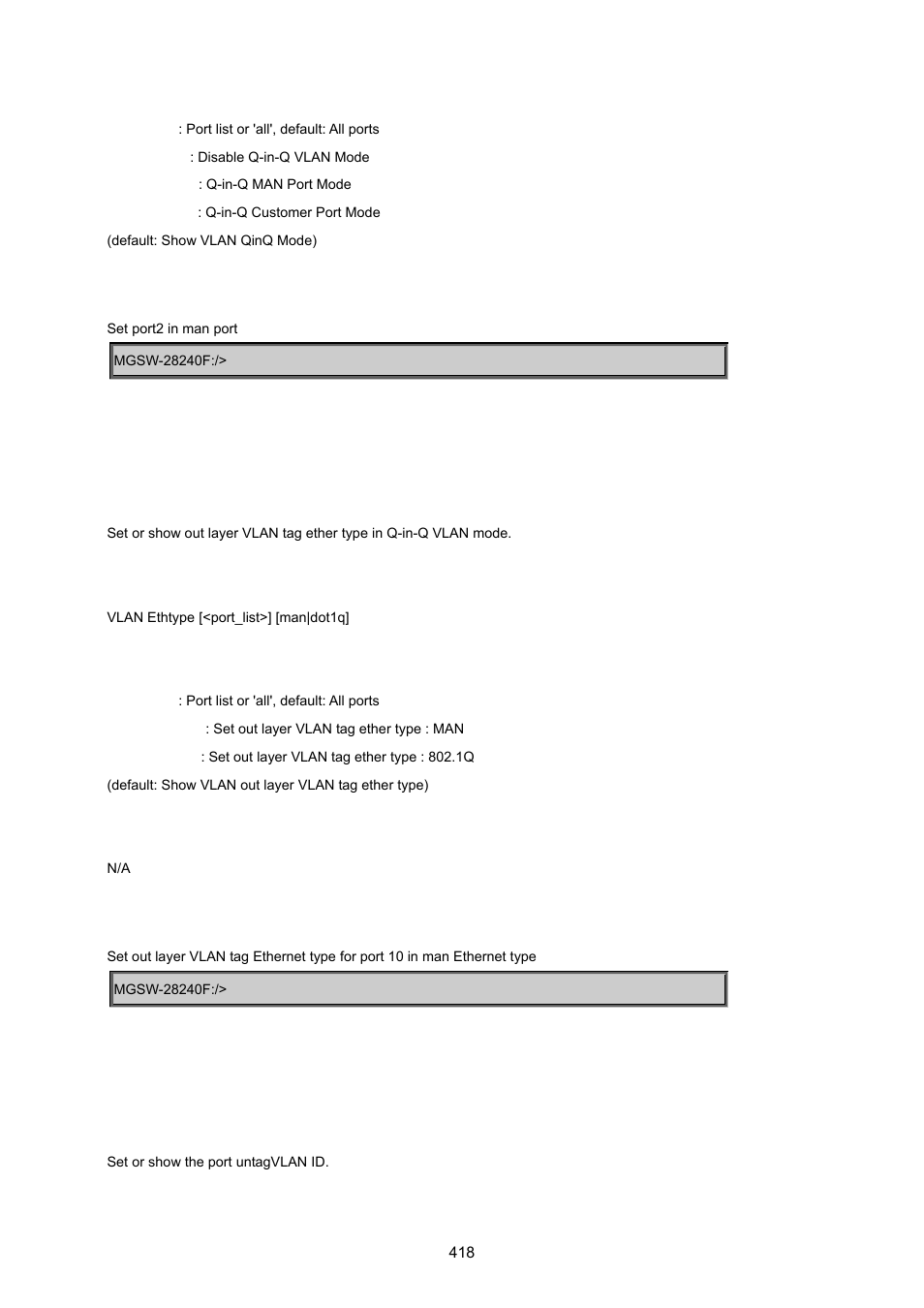 Vlan ethernet type, Vlan untagvid | PLANET MGSW-28240F User Manual | Page 418 / 643