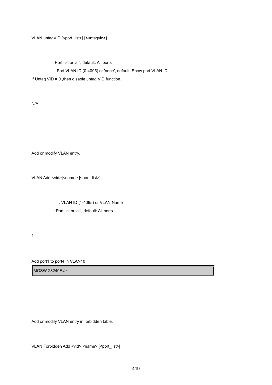 Vlan add, Vlan forbidden add | PLANET MGSW-28240F User Manual | Page 419 / 643