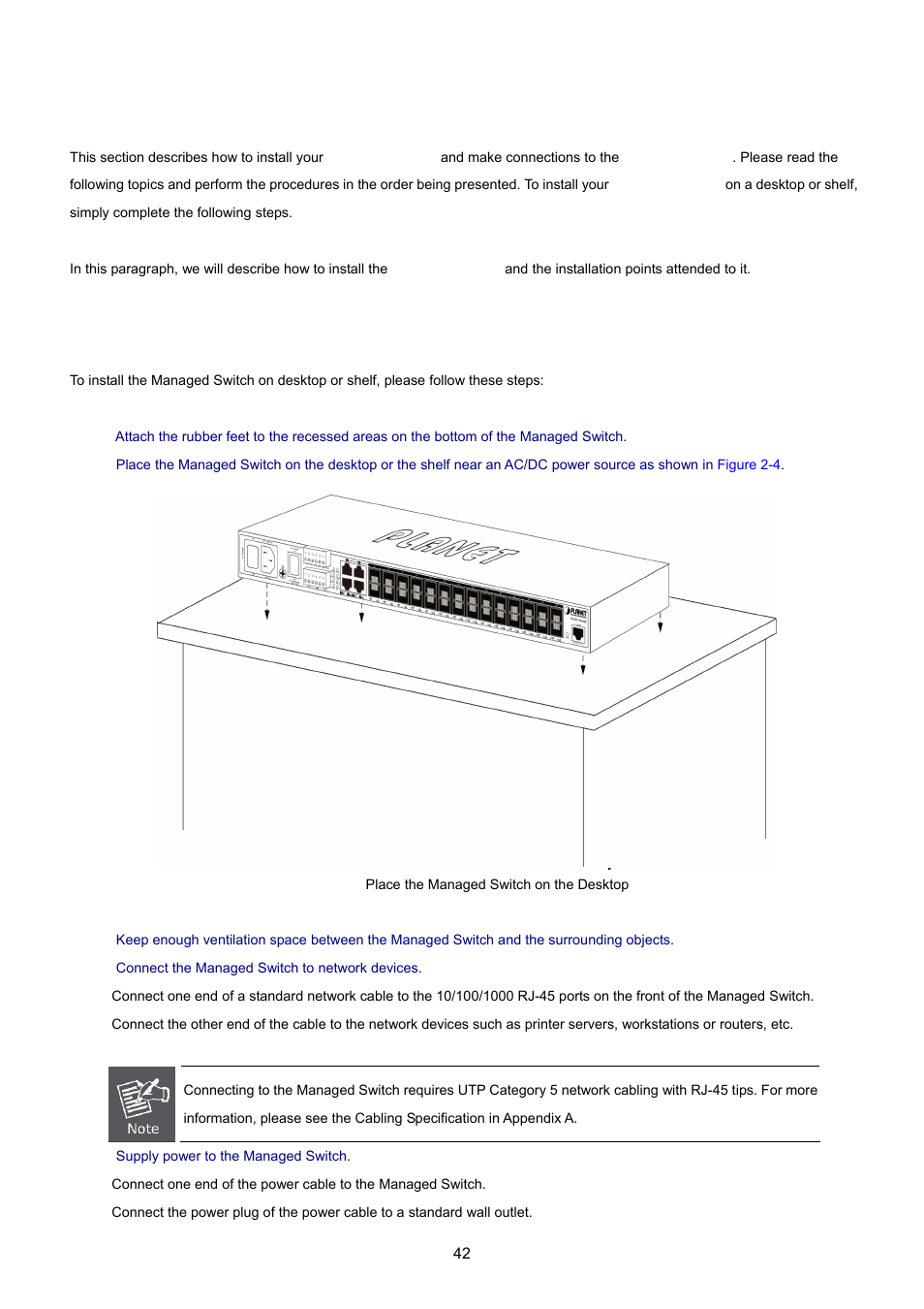 2 installing the managed switch, 1 desktop installation | PLANET MGSW-28240F User Manual | Page 42 / 643