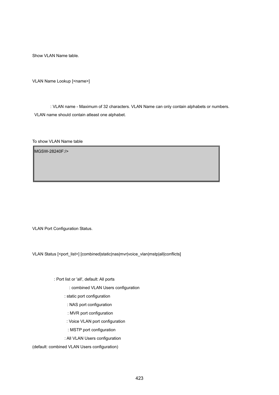 Vlan name lookup, Vlan status | PLANET MGSW-28240F User Manual | Page 423 / 643