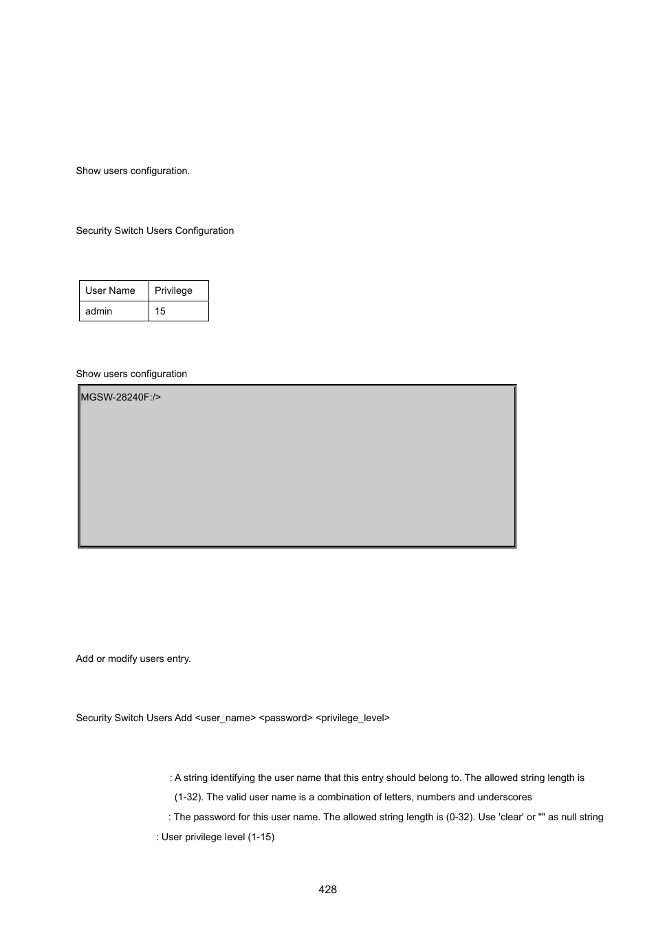 7 security command, Security switch user configuration, Security switch user add | PLANET MGSW-28240F User Manual | Page 428 / 643