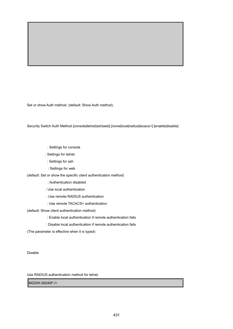 Security switch auth method | PLANET MGSW-28240F User Manual | Page 431 / 643