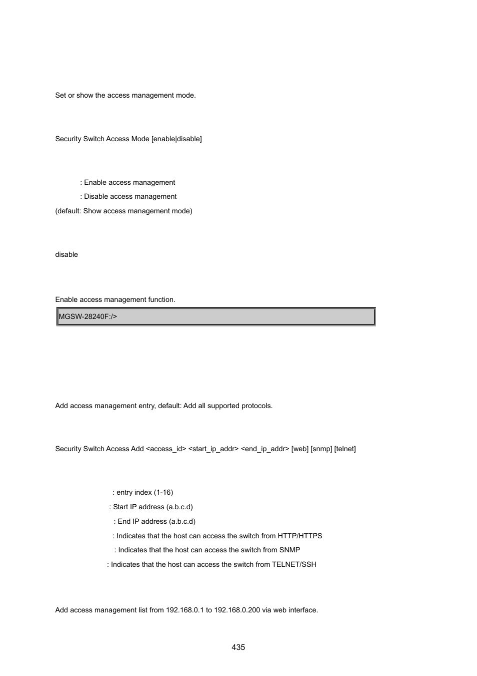 Security switch access mode, Security switch access add | PLANET MGSW-28240F User Manual | Page 435 / 643