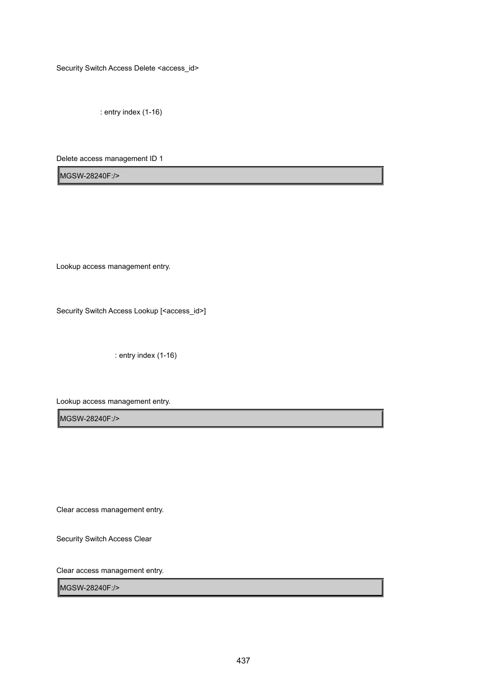 Security switch access lookup, Security switch access clear | PLANET MGSW-28240F User Manual | Page 437 / 643