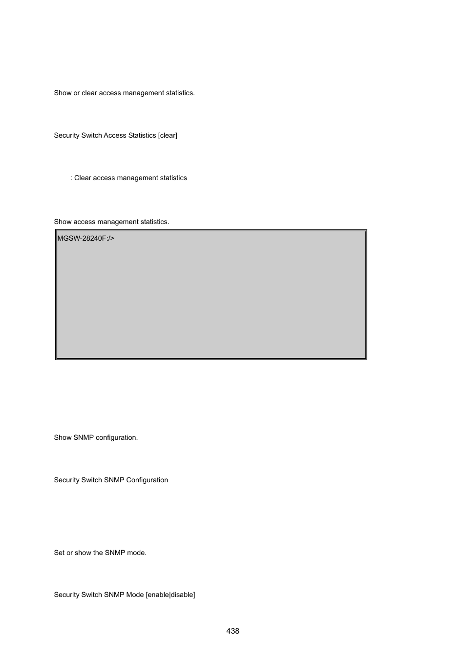 Security switch access statistics, Security switch snmp configuration, Security switch snmp mode | PLANET MGSW-28240F User Manual | Page 438 / 643