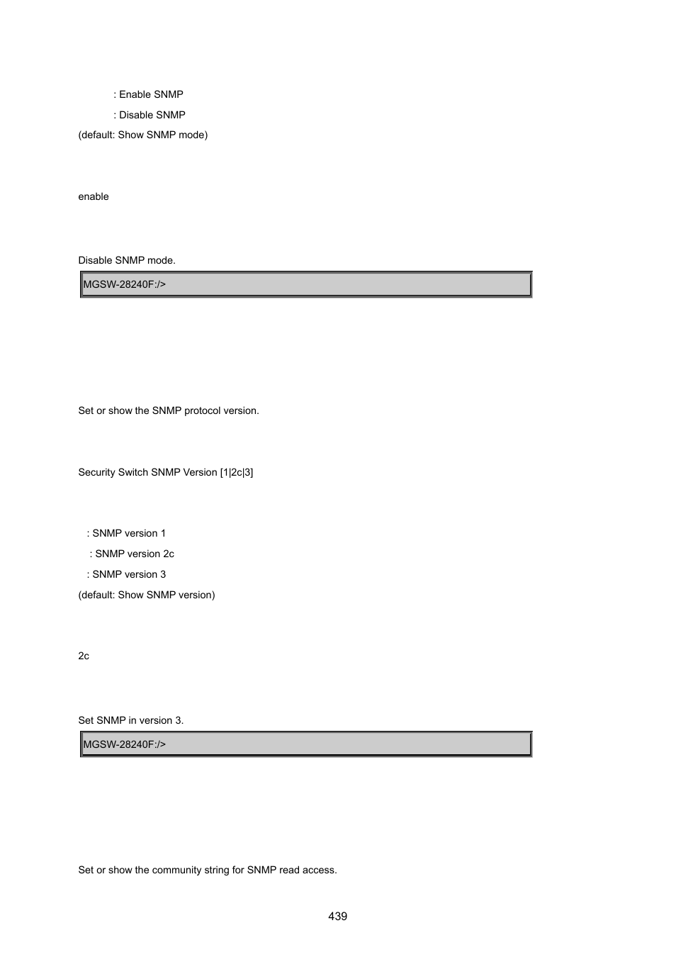 Security switch snmp version, Security switch snmp read community | PLANET MGSW-28240F User Manual | Page 439 / 643