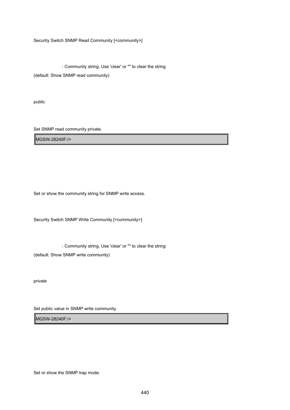 Security switch snmp write community, Security switch snmp trap mode | PLANET MGSW-28240F User Manual | Page 440 / 643