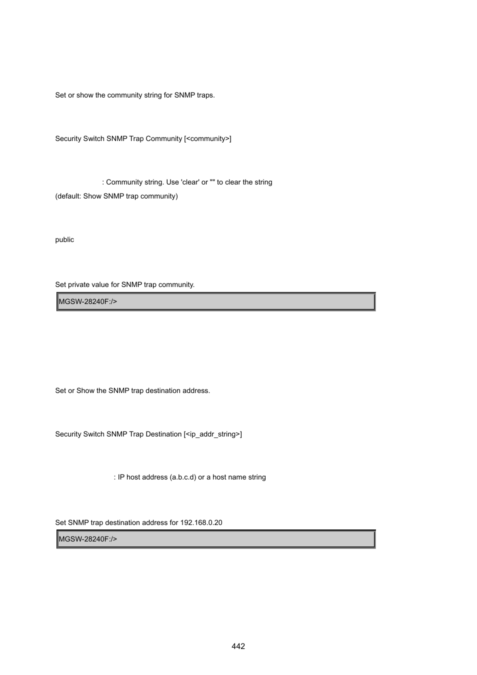 Security switch snmp trap community, Security switch snmp trap destination, Security switch snmp trap ipv6 destination | PLANET MGSW-28240F User Manual | Page 442 / 643