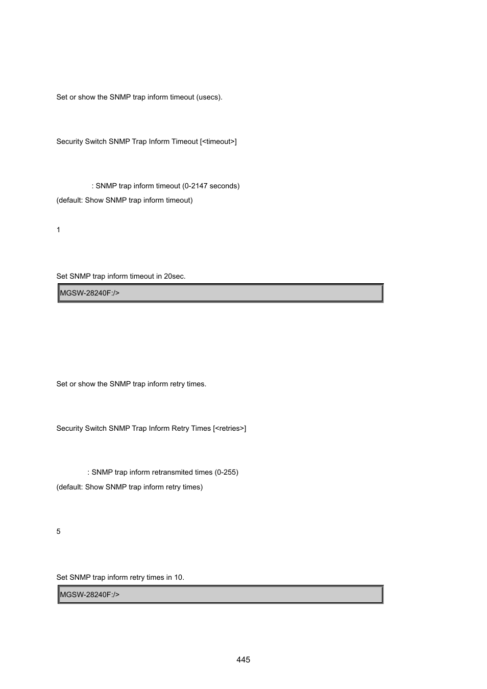 Security switch snmp trap inform timeout, Security switch snmp trap inform retry times | PLANET MGSW-28240F User Manual | Page 445 / 643