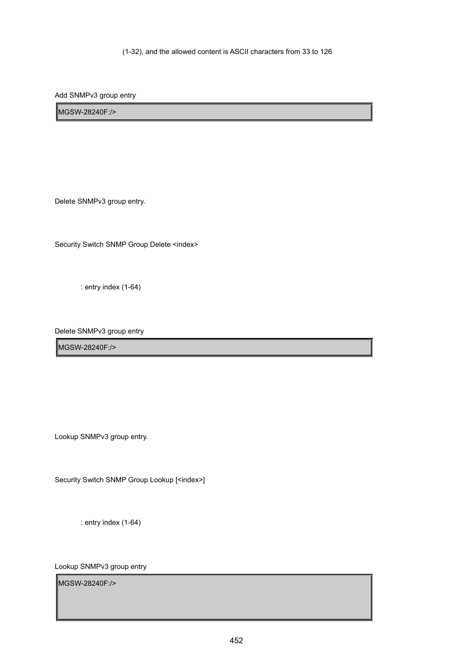 Security switch snmp group delete, Security switch snmp group lookup | PLANET MGSW-28240F User Manual | Page 452 / 643