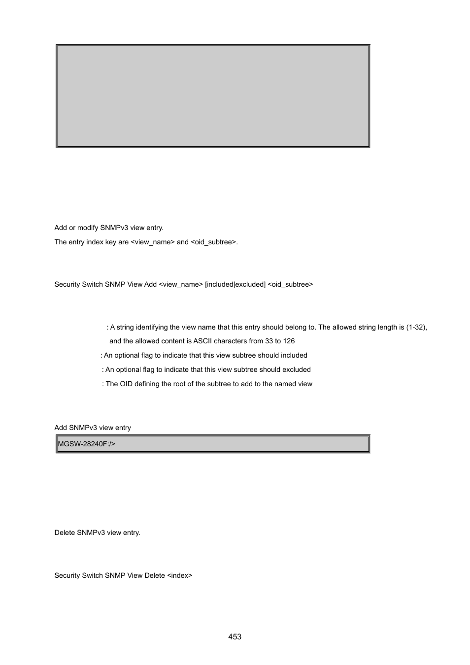 Security switch snmp view add, Security switch snmp view delete | PLANET MGSW-28240F User Manual | Page 453 / 643