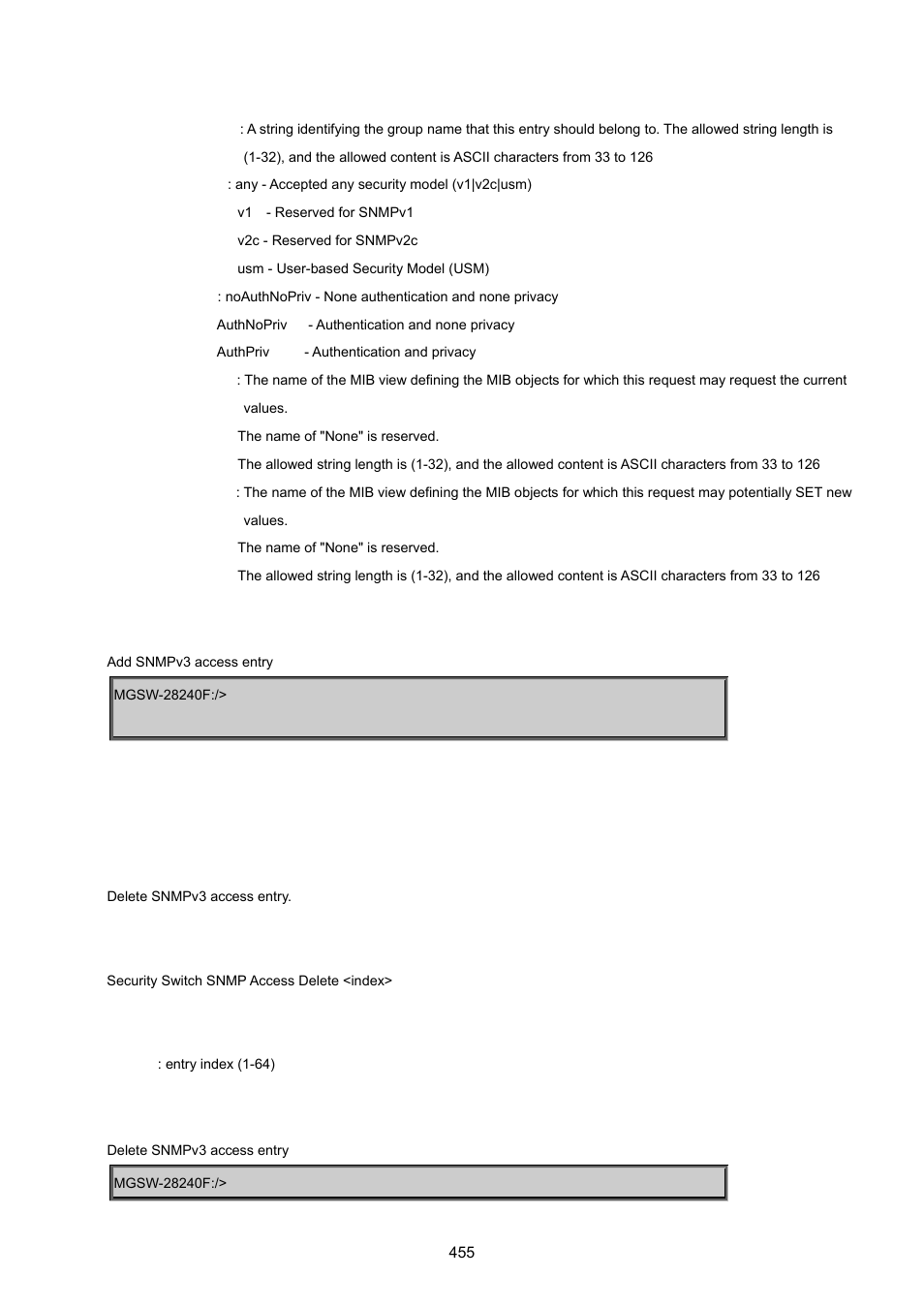 Security switch snmp access delete | PLANET MGSW-28240F User Manual | Page 455 / 643