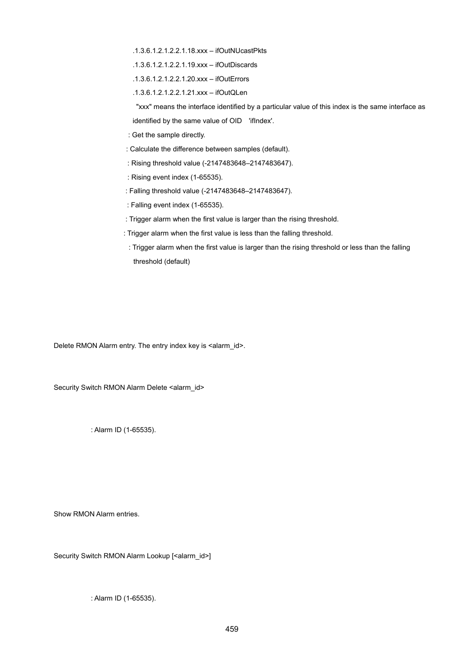 Security switch rmon alarm delete, Security switch rmon alarm lookup | PLANET MGSW-28240F User Manual | Page 459 / 643
