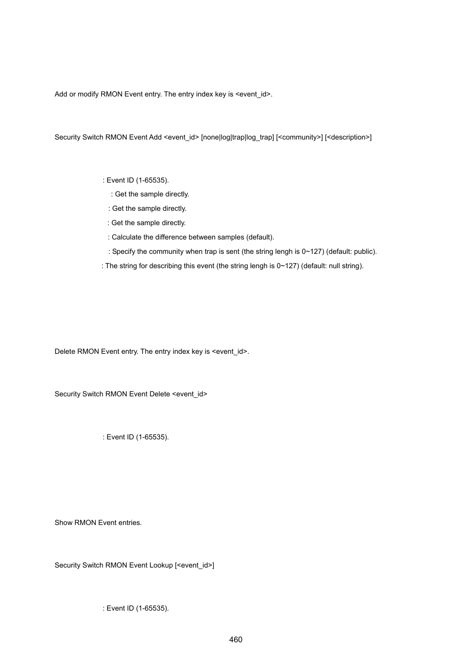 Security switch rmon event add, Security switch rmon event delete, Security switch rmon event lookup | PLANET MGSW-28240F User Manual | Page 460 / 643