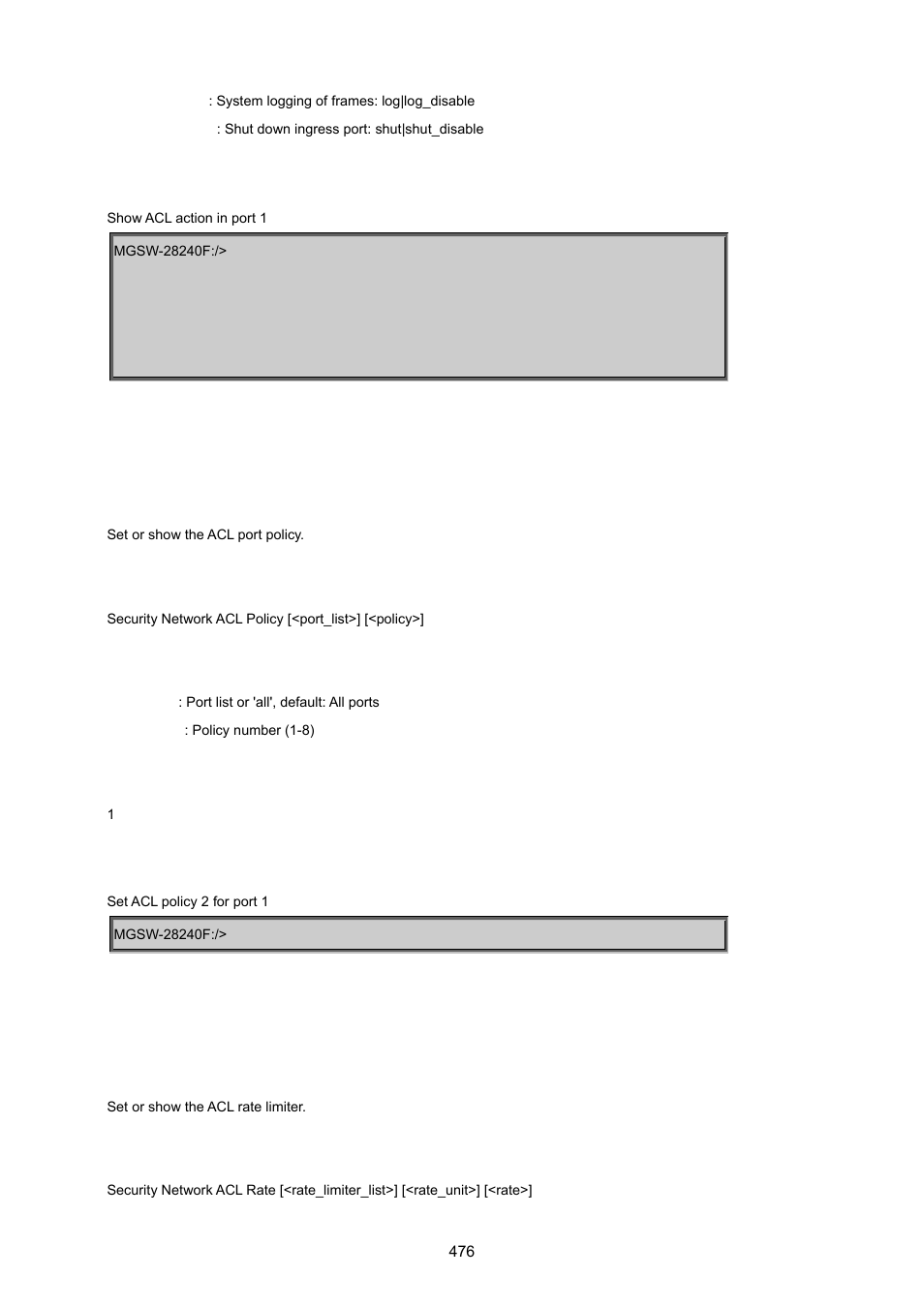 Security network acl policy, Security network acl rate | PLANET MGSW-28240F User Manual | Page 476 / 643