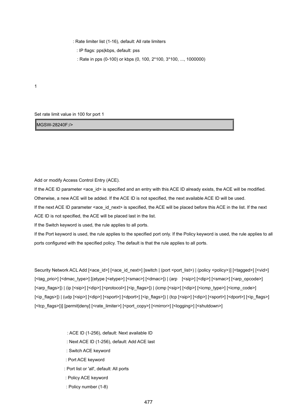 Security network acl add | PLANET MGSW-28240F User Manual | Page 477 / 643