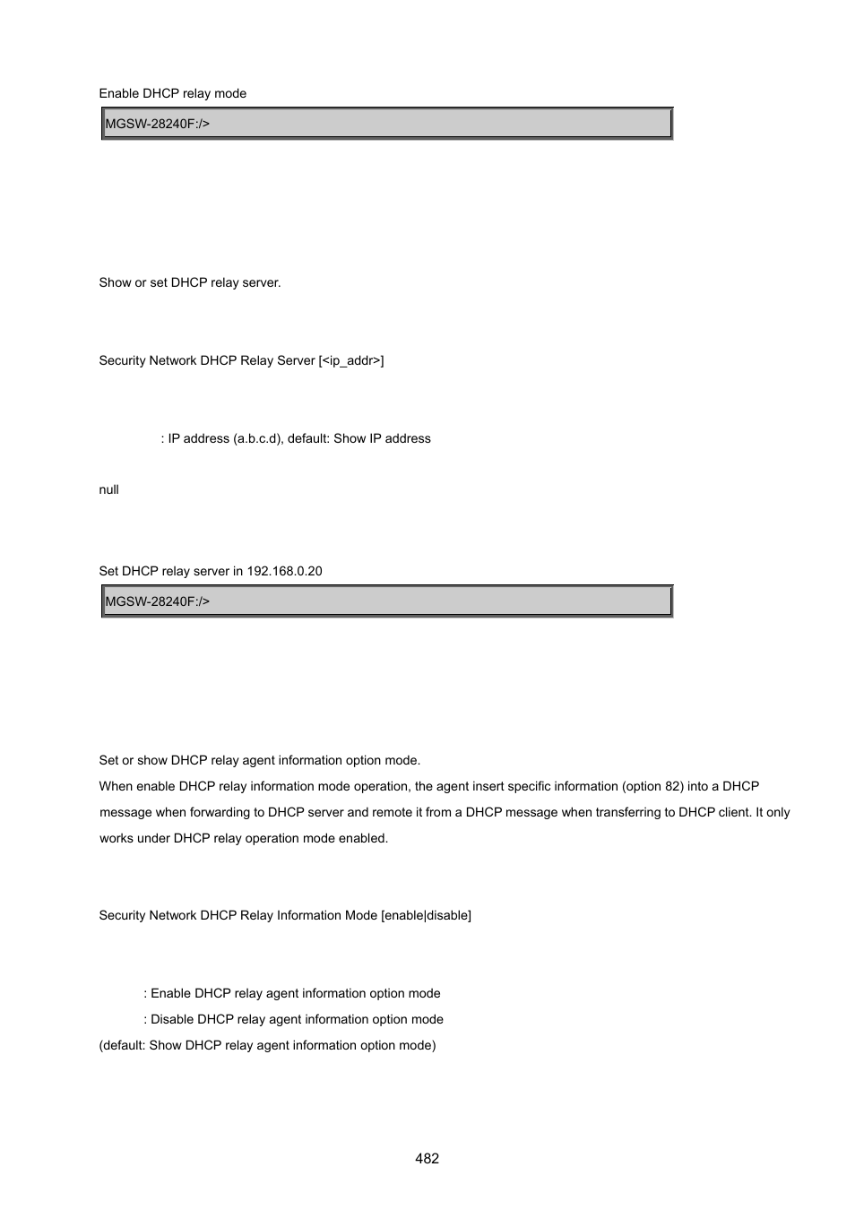 Security network dhcp relay server, Security network dhcp relay information mode | PLANET MGSW-28240F User Manual | Page 482 / 643