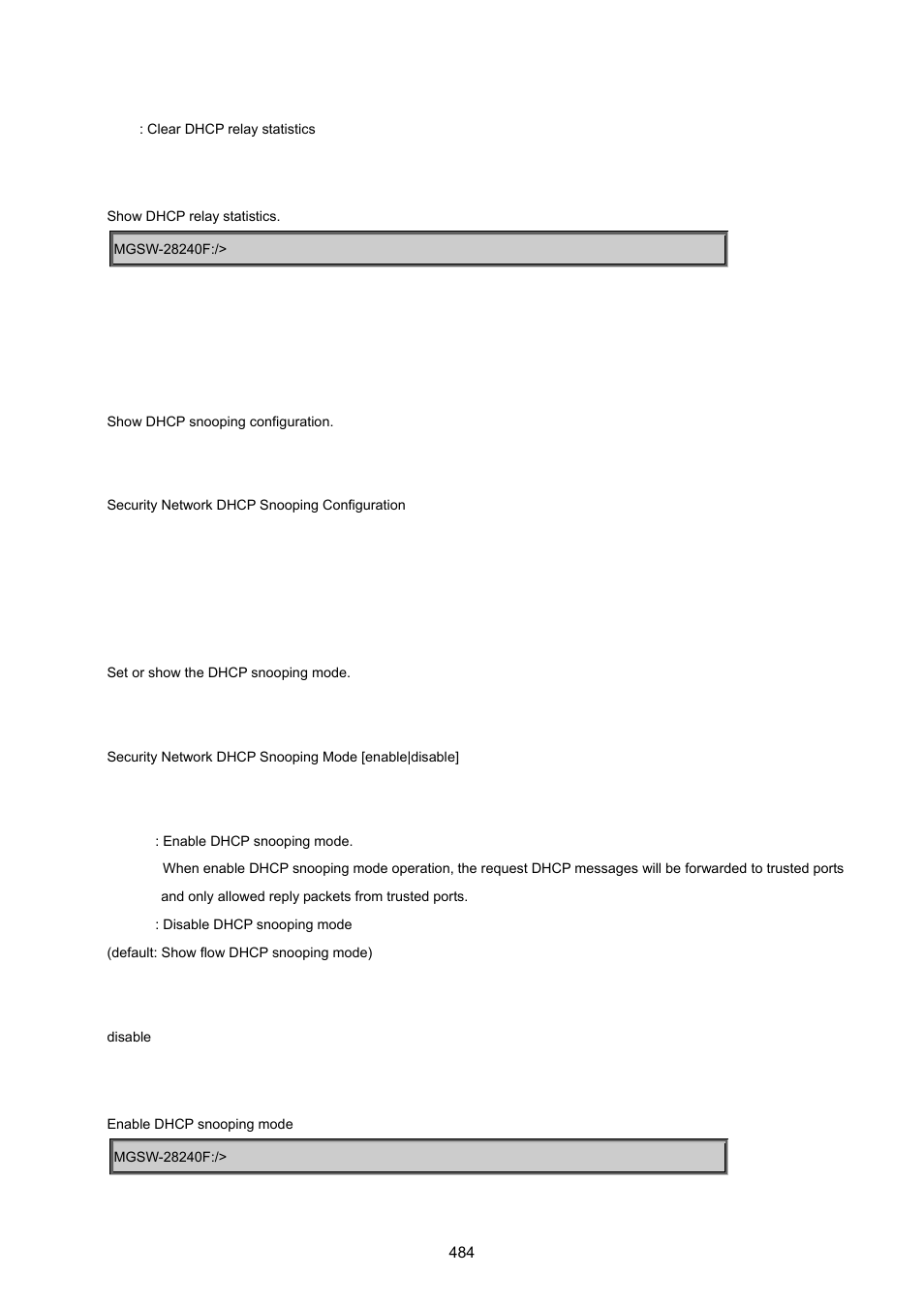 Security network dhcp snooping configuration, Security network dhcp snooping mode | PLANET MGSW-28240F User Manual | Page 484 / 643