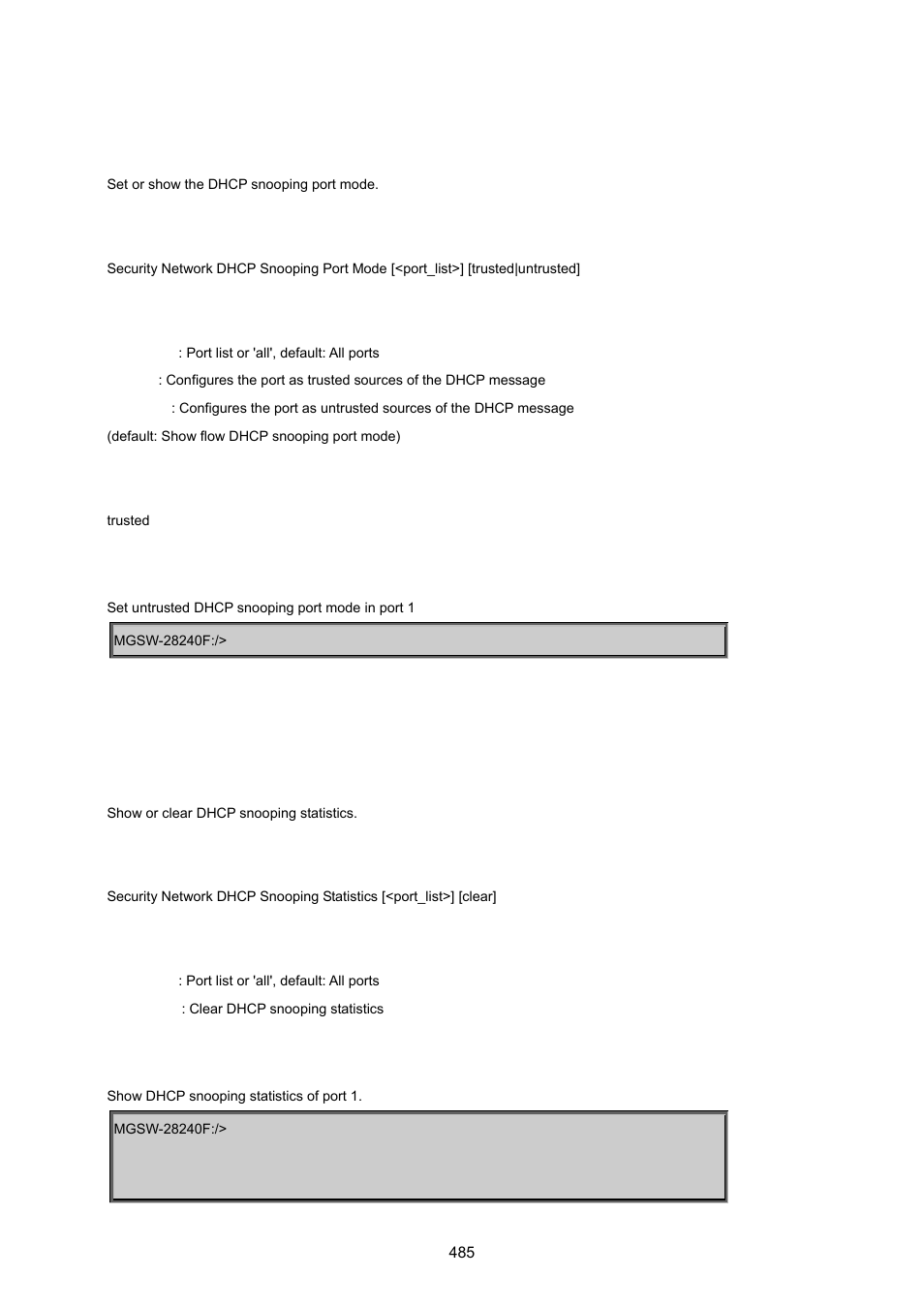 Security network dhcp snooping port mode, Security network dhcp snooping statistics | PLANET MGSW-28240F User Manual | Page 485 / 643