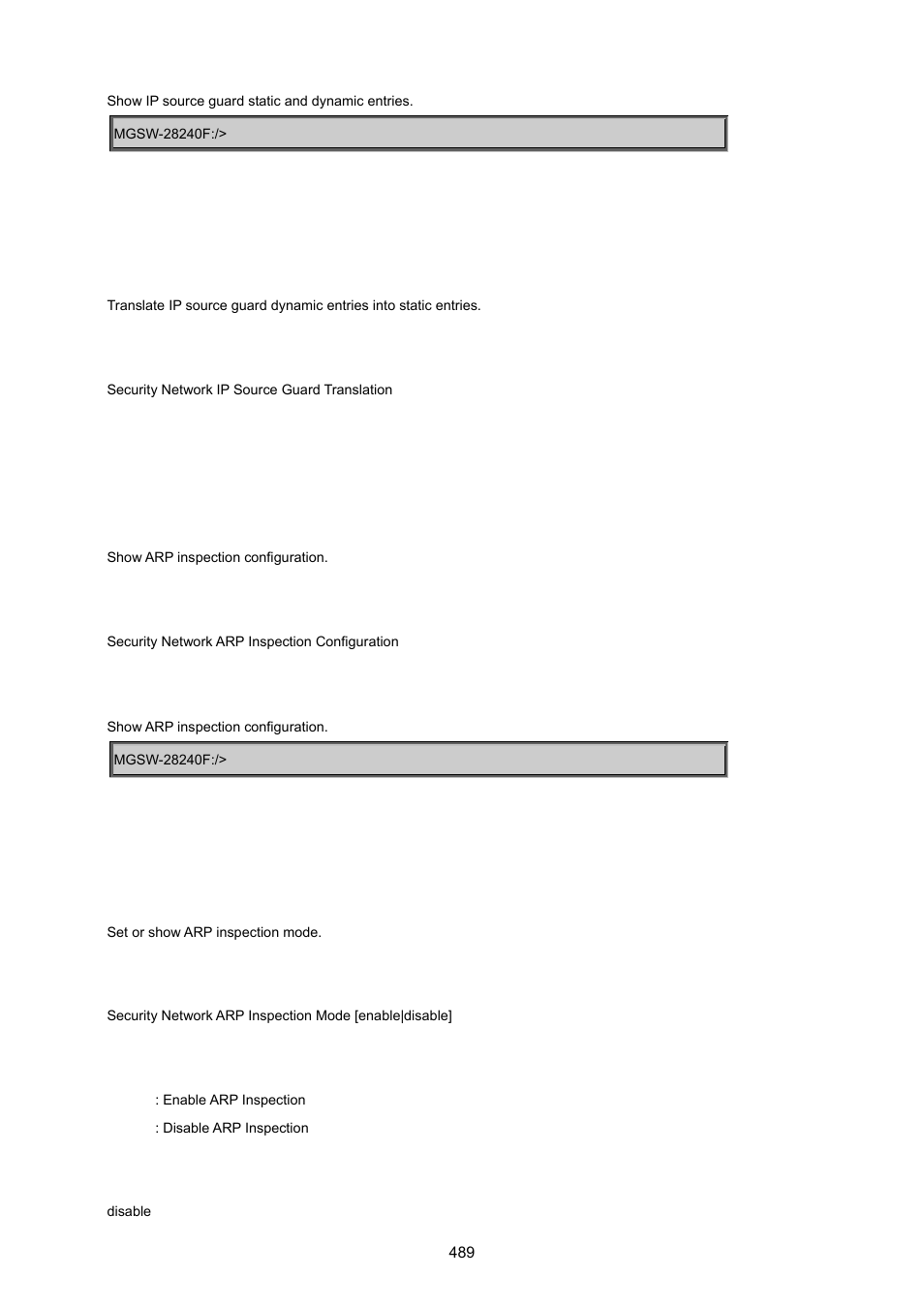 Security network ip source guard translation, Security network arp inspection configuration, Security network arp inspection mode | PLANET MGSW-28240F User Manual | Page 489 / 643