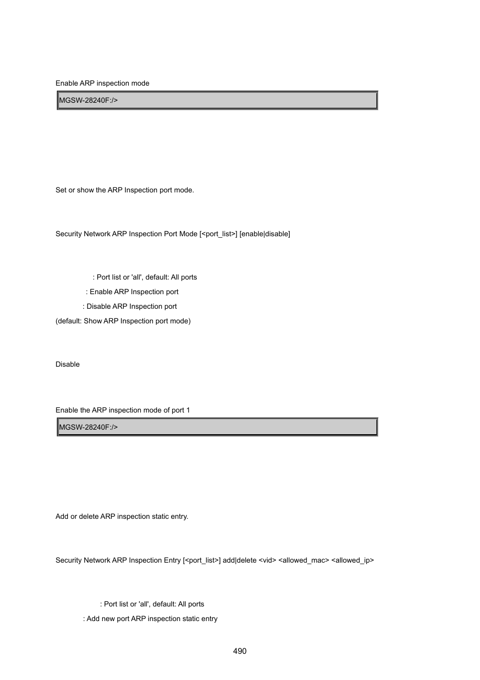 Security network arp inspection port mode, Security network arp inspection entry | PLANET MGSW-28240F User Manual | Page 490 / 643