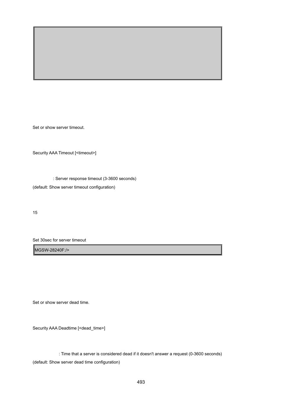 Security aaa timeout, Security aaa deadtime | PLANET MGSW-28240F User Manual | Page 493 / 643