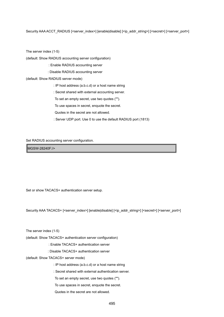 Security aaa tacacs | PLANET MGSW-28240F User Manual | Page 495 / 643