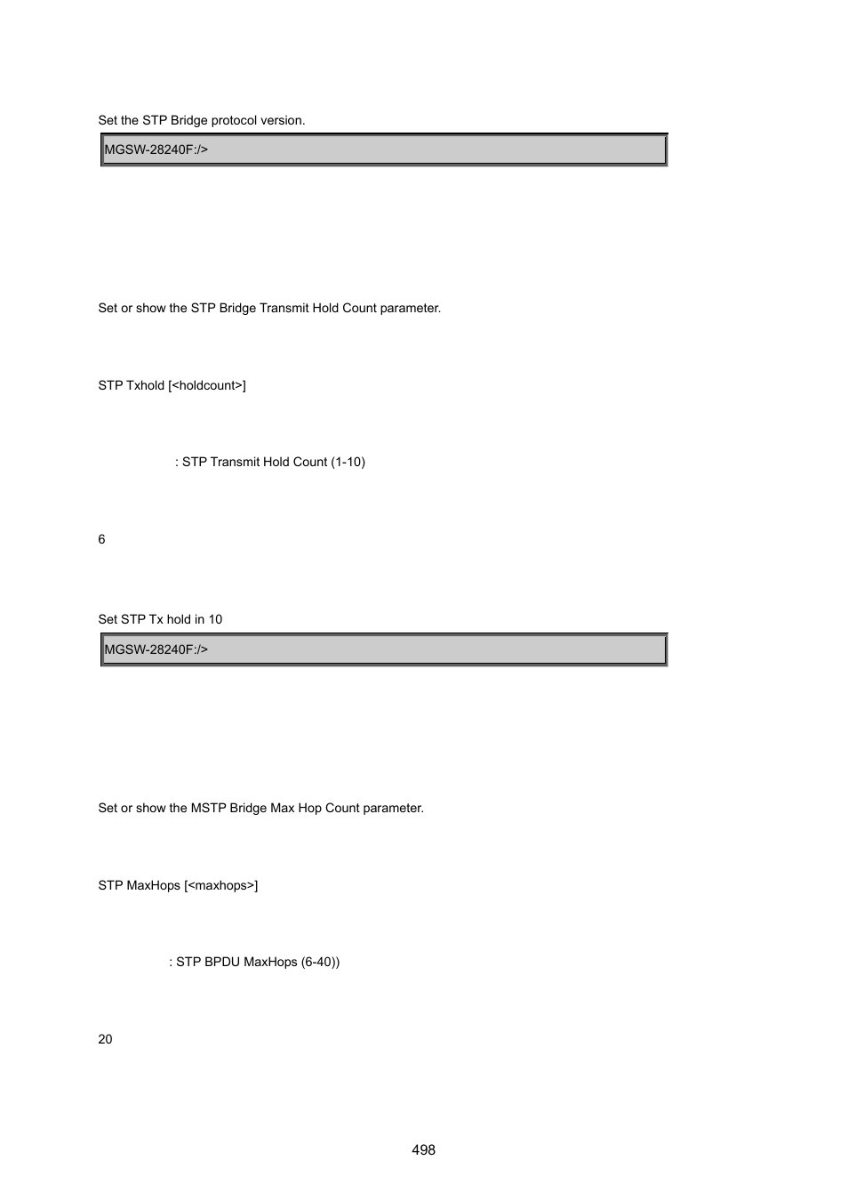 Stp tx hold, Stp maxhops | PLANET MGSW-28240F User Manual | Page 498 / 643