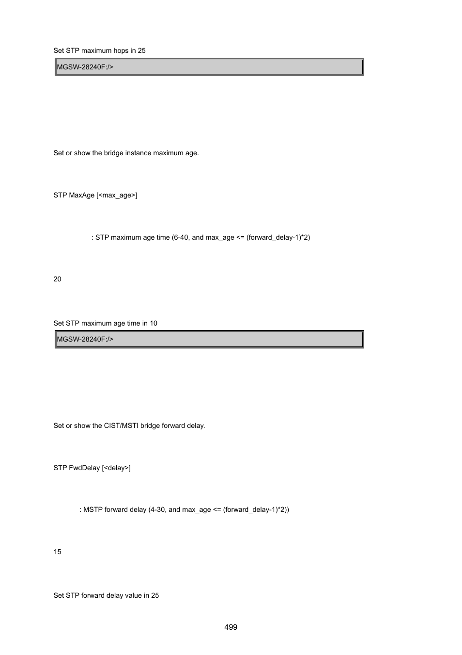 Stp maxage, Stp fwddelay | PLANET MGSW-28240F User Manual | Page 499 / 643