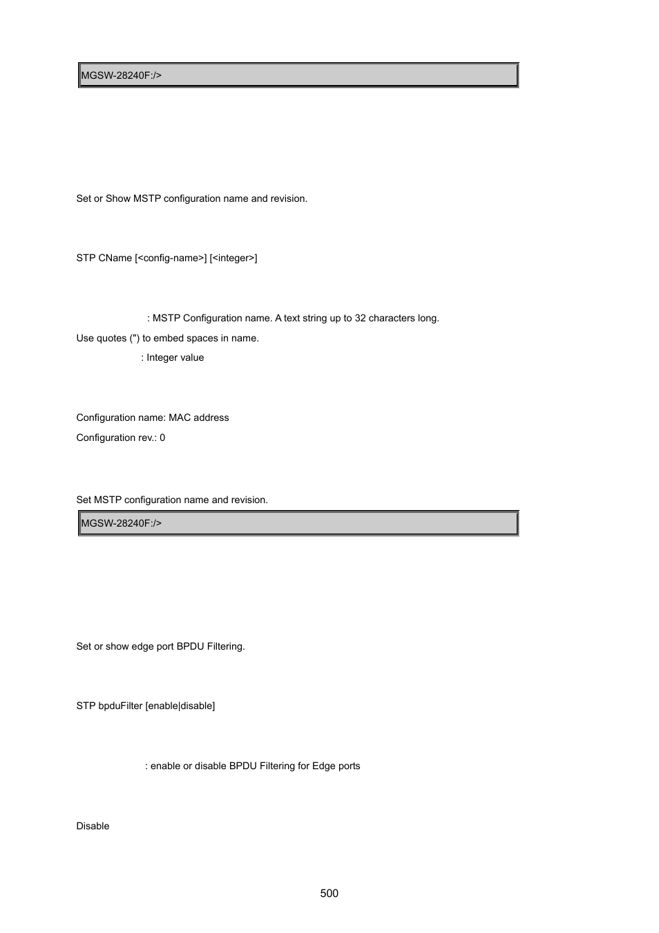 Stp cname, Stp bpdu filter | PLANET MGSW-28240F User Manual | Page 500 / 643