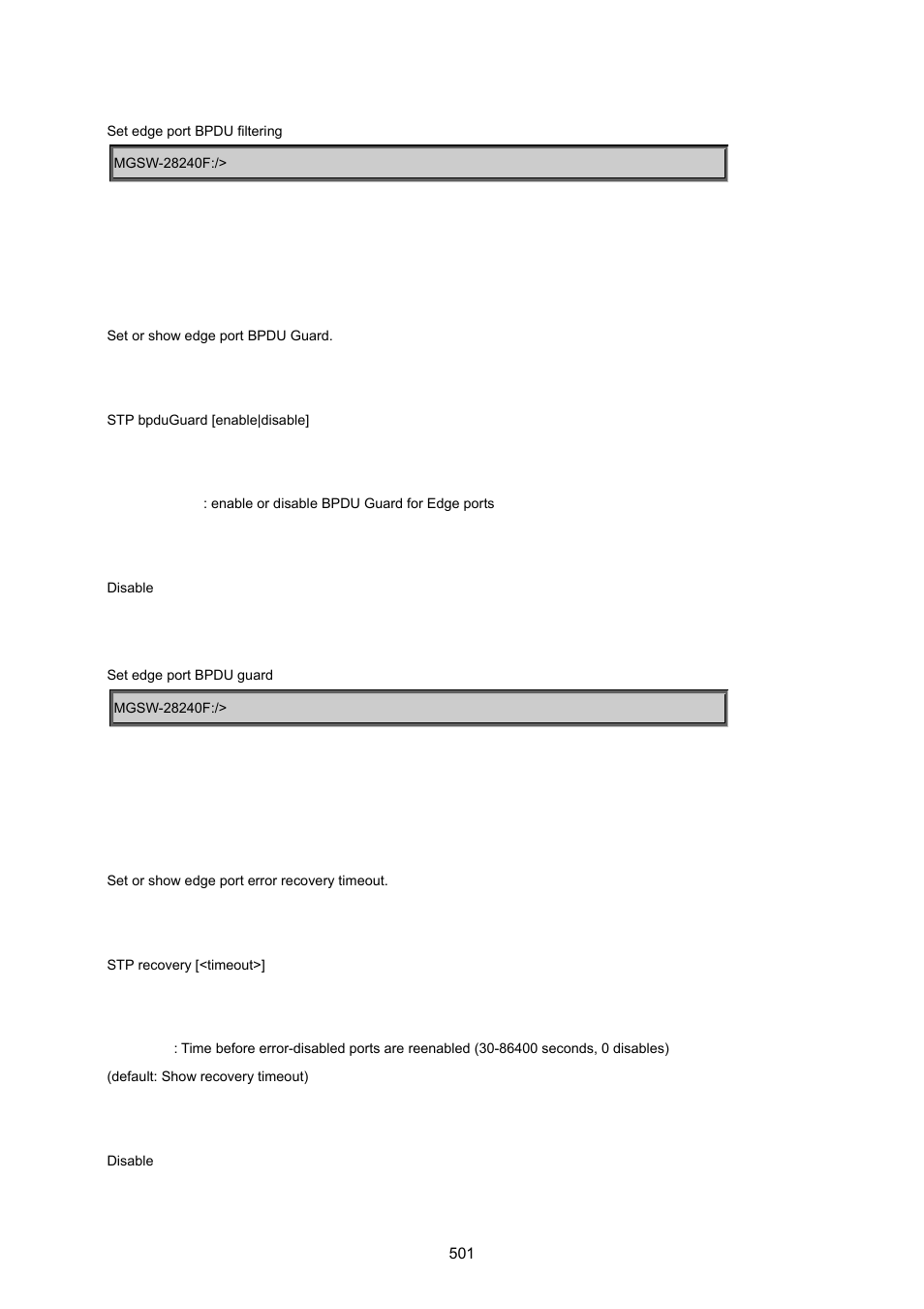 Stp bpdu guard, Stp recovery | PLANET MGSW-28240F User Manual | Page 501 / 643