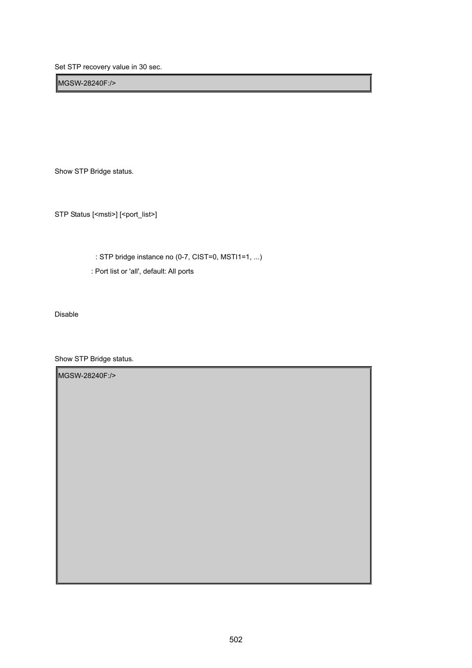 Stp status | PLANET MGSW-28240F User Manual | Page 502 / 643