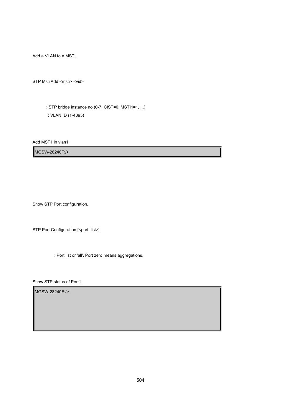 Stp msti add, Stp port configuration | PLANET MGSW-28240F User Manual | Page 504 / 643