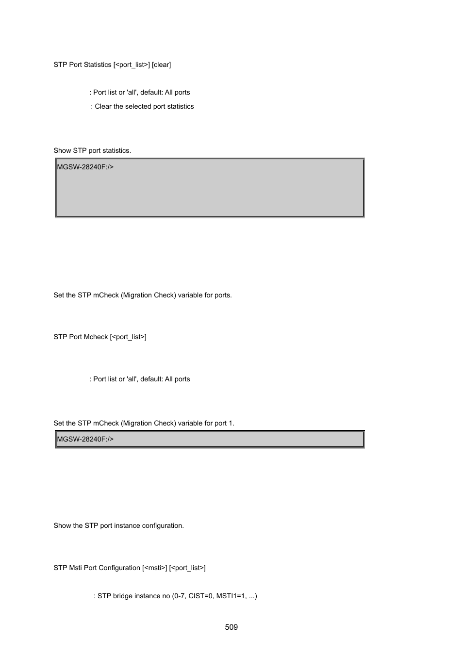 Stp port mcheck, Stp msti port configuration | PLANET MGSW-28240F User Manual | Page 509 / 643