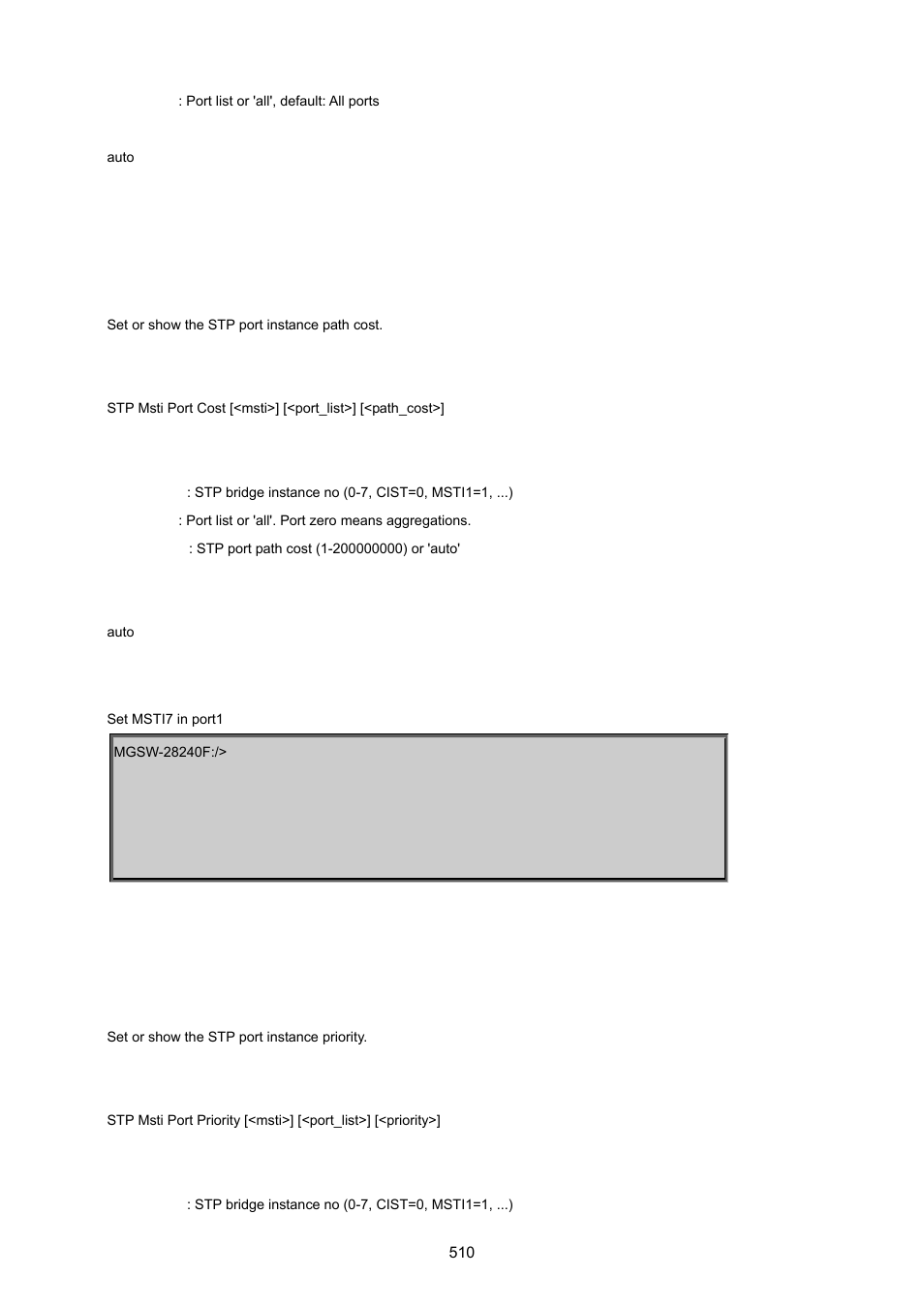 Stp msti port cost, Stp msti port priority | PLANET MGSW-28240F User Manual | Page 510 / 643