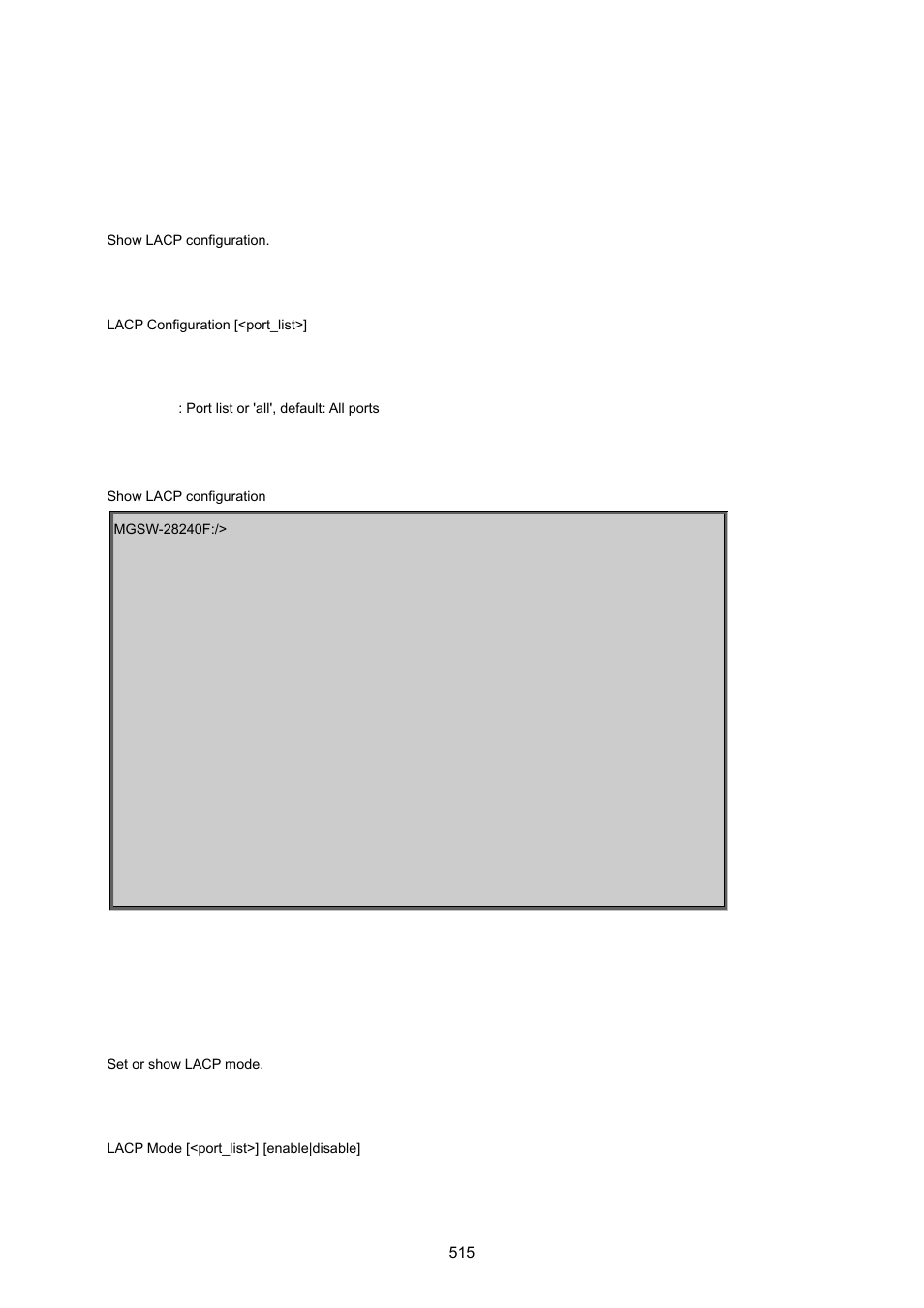 10 link aggregation control protocol command, Lacp configuration, Lacp mode | PLANET MGSW-28240F User Manual | Page 515 / 643