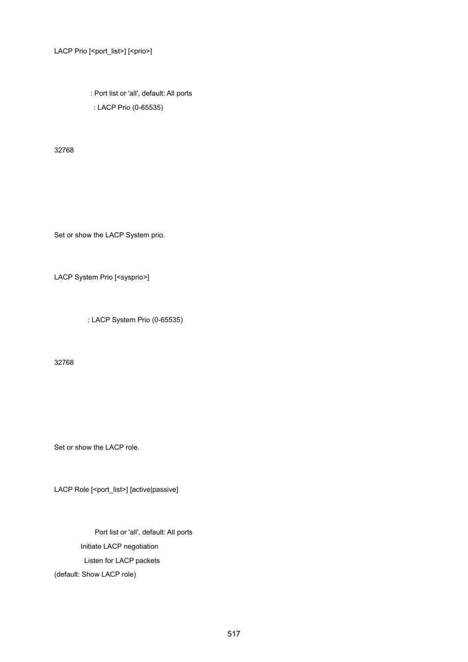 Lacp system prio, Lacp role | PLANET MGSW-28240F User Manual | Page 517 / 643