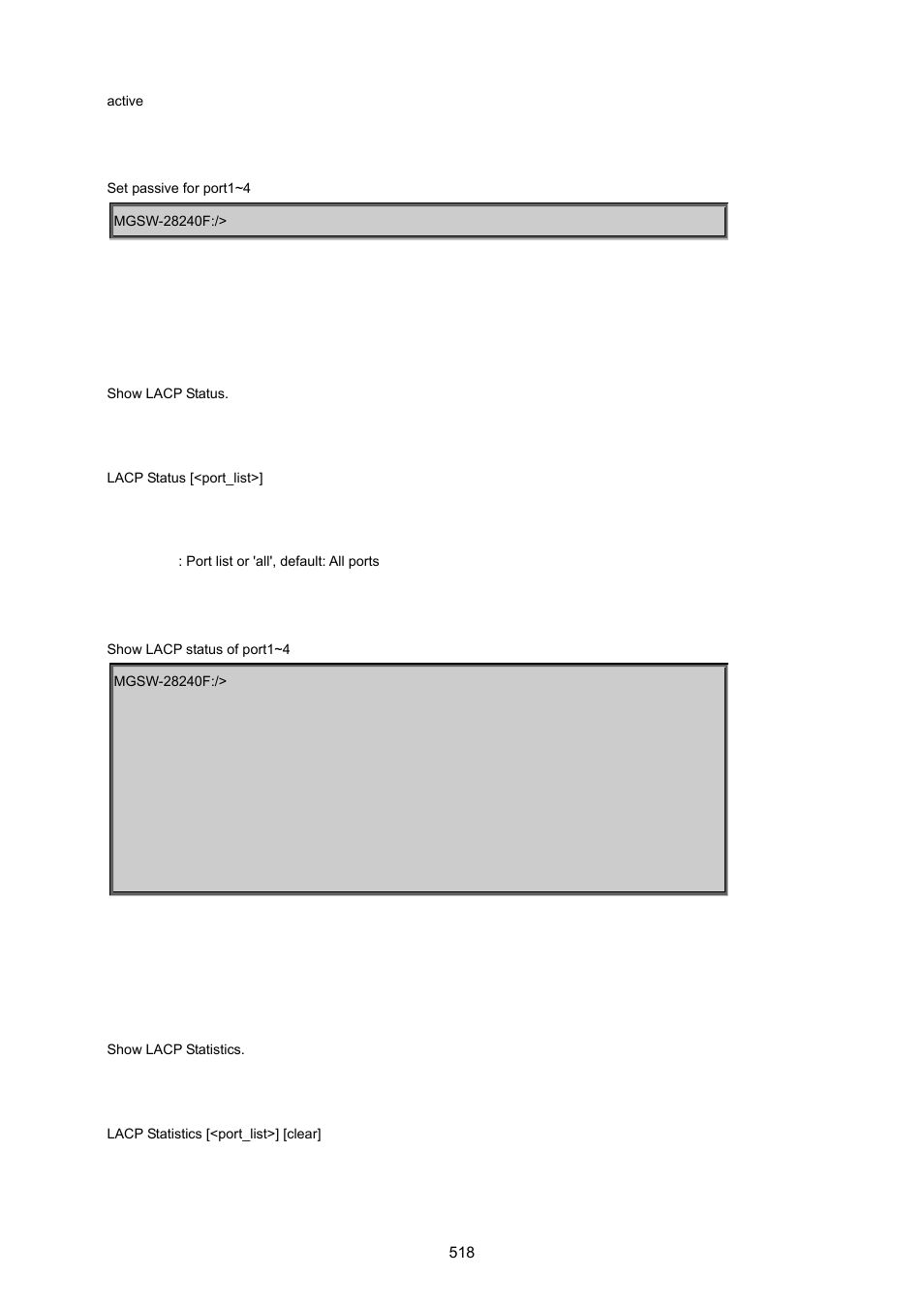 Lacp status, Lacp statistics | PLANET MGSW-28240F User Manual | Page 518 / 643