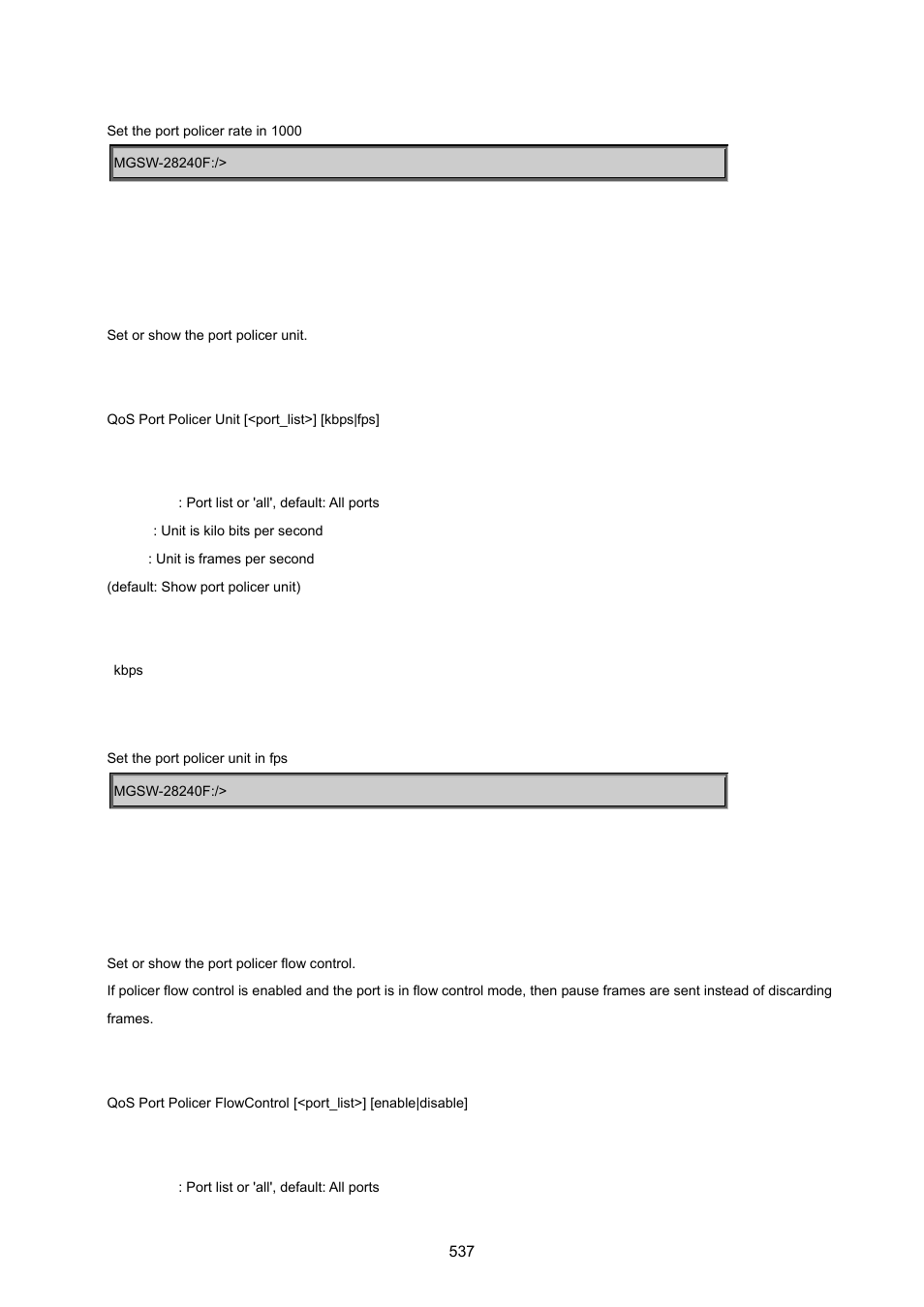 Qos port policer unit, Qos port policer flow control | PLANET MGSW-28240F User Manual | Page 537 / 643