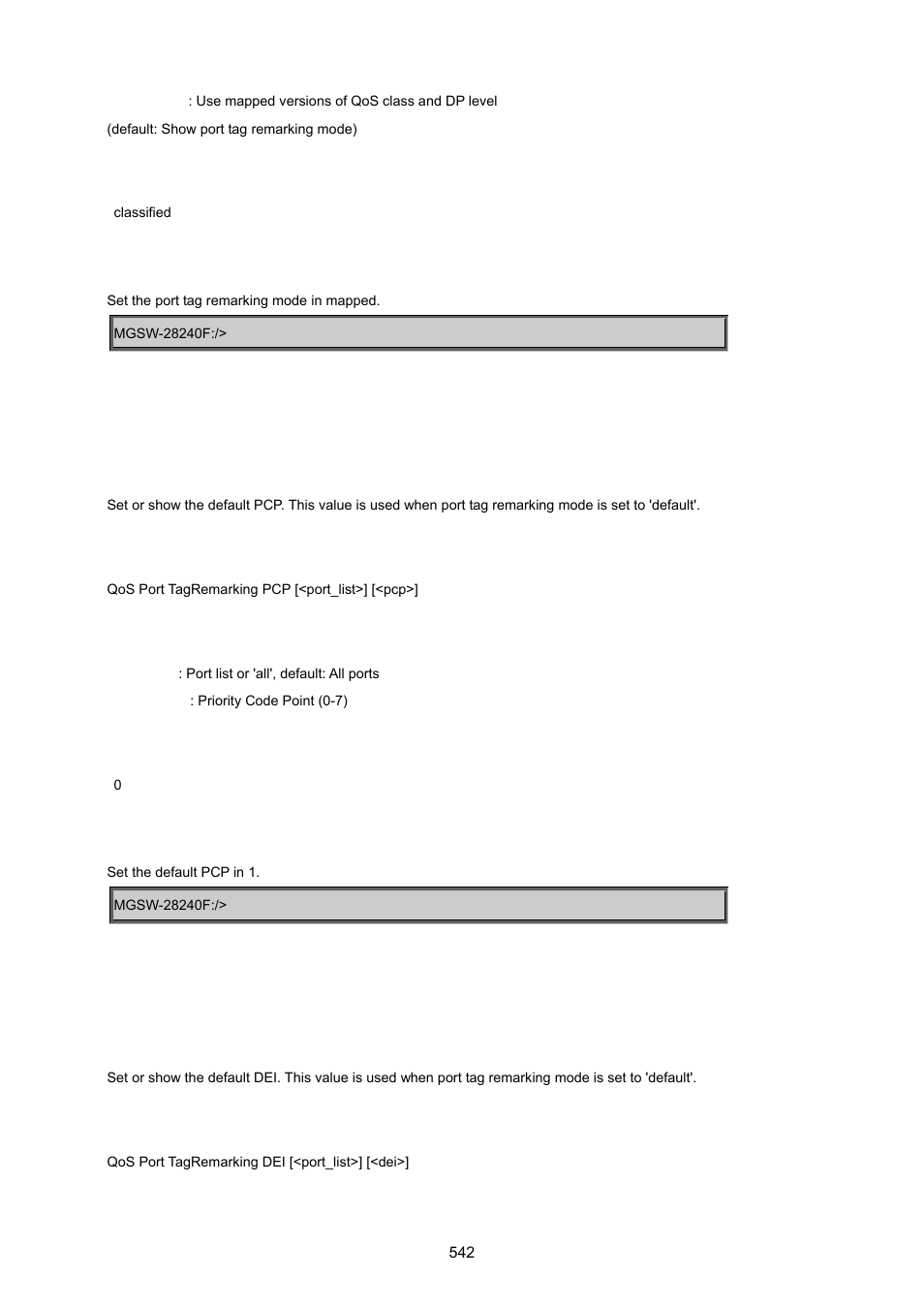 Qos port tagremarking pcp, Qos port tagremarking dei | PLANET MGSW-28240F User Manual | Page 542 / 643