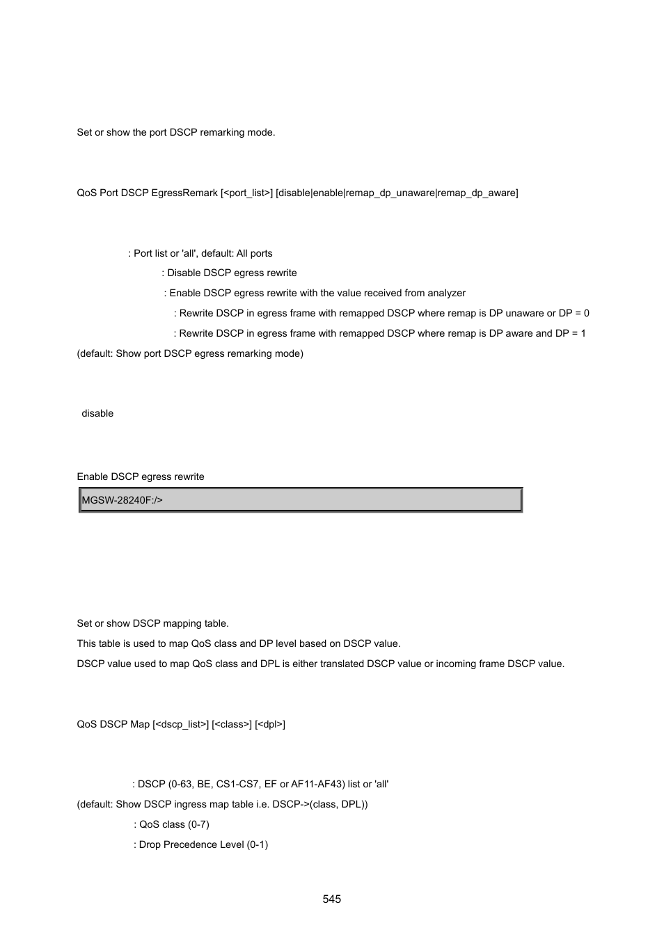 Qos port dscp egressremark, Qos dscp map | PLANET MGSW-28240F User Manual | Page 545 / 643