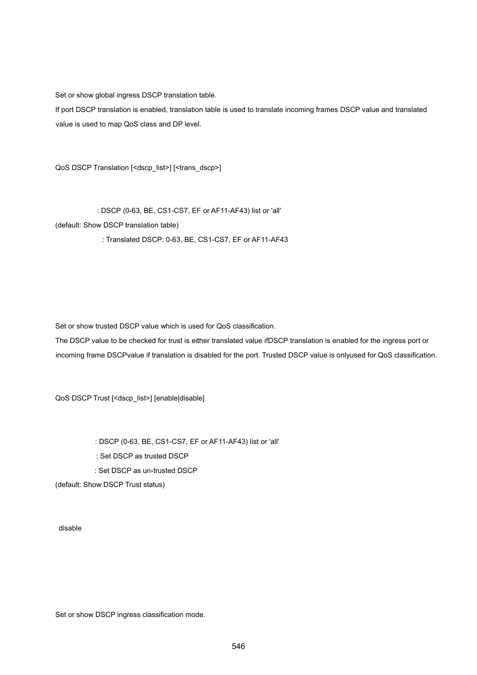 Qos dscp translation, Qos dscp trust, Qos dscp classification mode | PLANET MGSW-28240F User Manual | Page 546 / 643