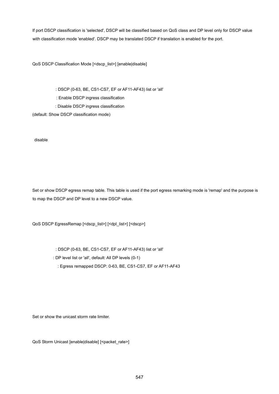 Qos dscp egressremap, Qos storm unicast | PLANET MGSW-28240F User Manual | Page 547 / 643