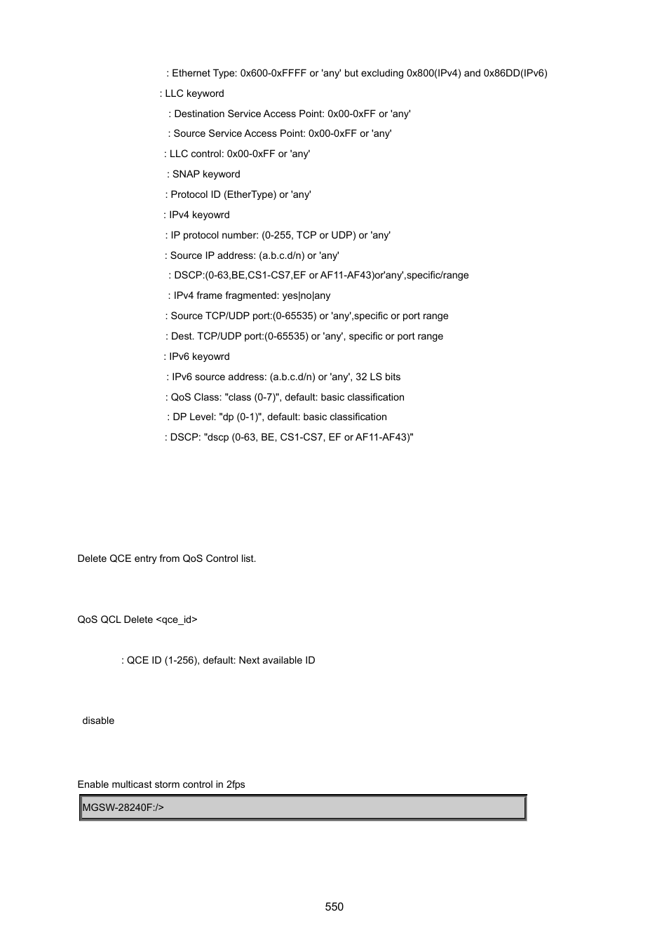 Qos qcl delete | PLANET MGSW-28240F User Manual | Page 550 / 643