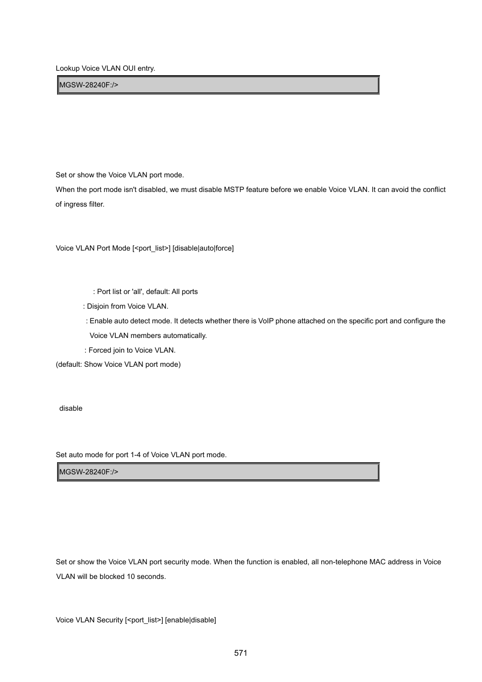 Voice vlan port mode, Voice vlan security | PLANET MGSW-28240F User Manual | Page 571 / 643