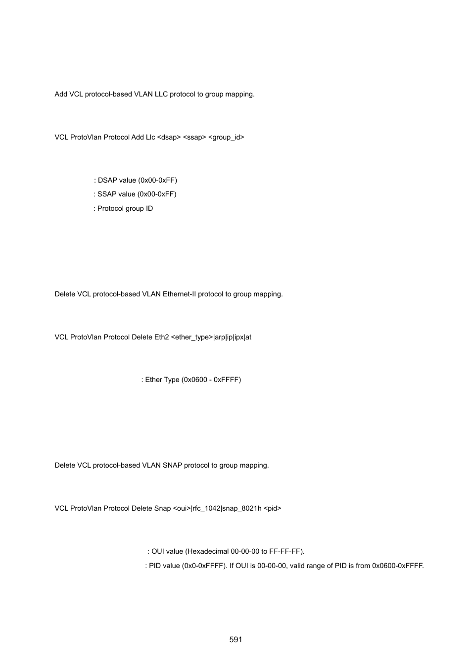 Vcl protocol-based vlan add llc, Vcl protocol-based vlan delete ethernet ii, Vcl protocol-based vlan delete snap | PLANET MGSW-28240F User Manual | Page 591 / 643