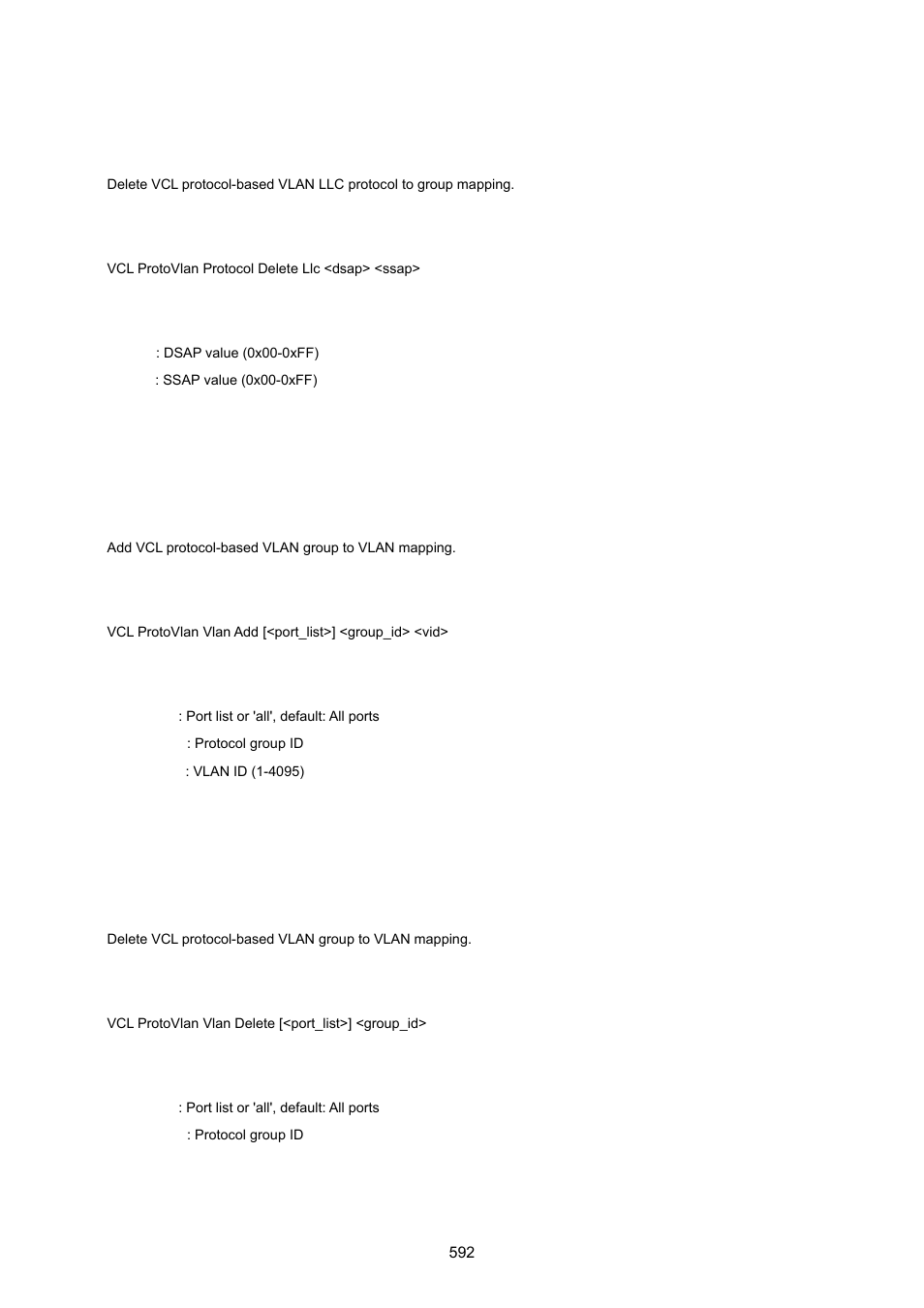 Vcl protocol-based vlan delete llc, Vcl protocol-based vlan add, Vcl protocol-based vlan delete | PLANET MGSW-28240F User Manual | Page 592 / 643