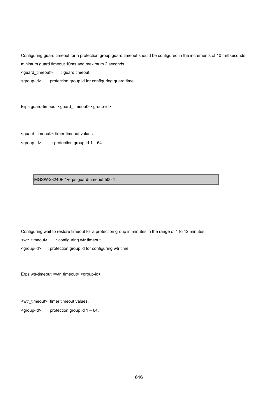 Erps guard-timeout, Erps wtr-timeout | PLANET MGSW-28240F User Manual | Page 616 / 643