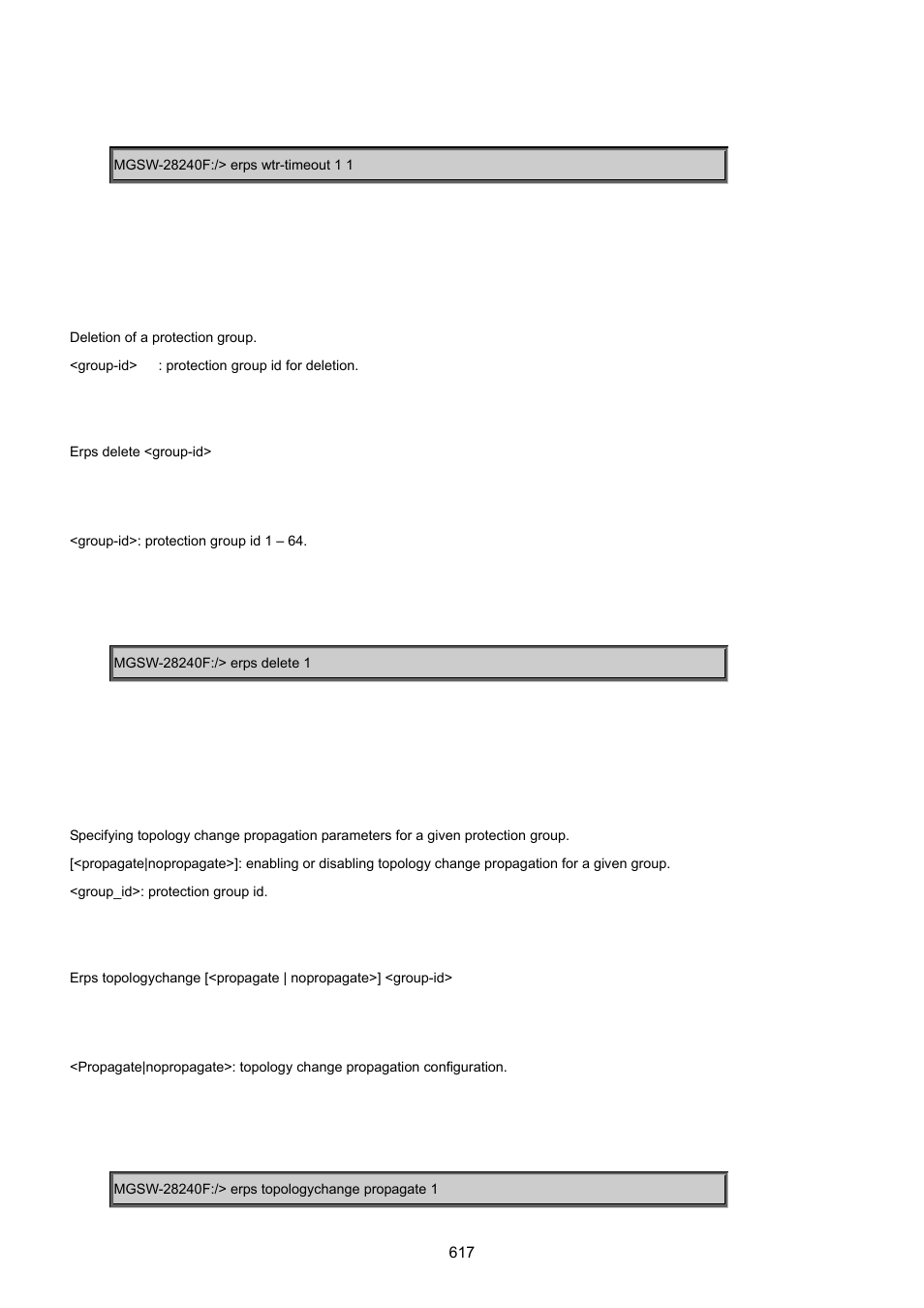Erps delete, Erps topologychange | PLANET MGSW-28240F User Manual | Page 617 / 643