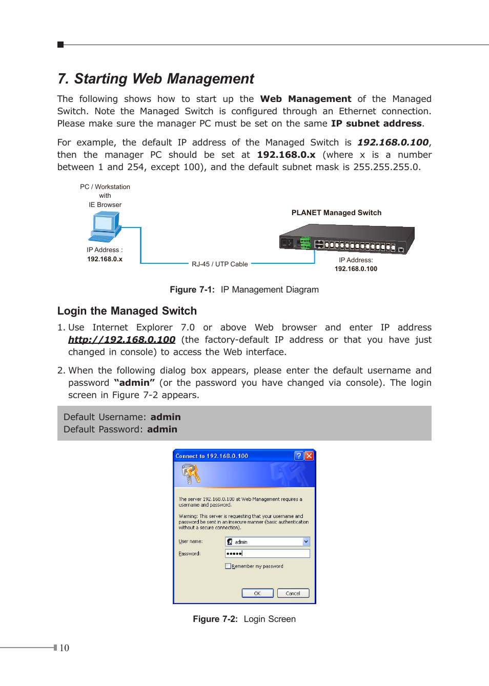 Starting web management, Login the managed switch | PLANET MGSW-28240F User Manual | Page 10 / 12